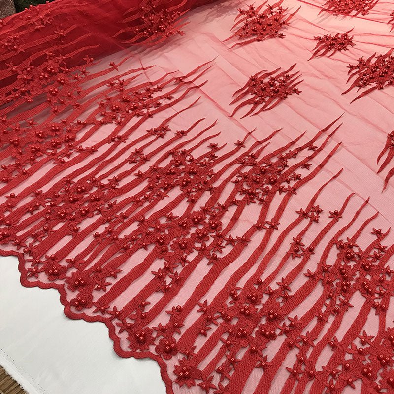 Beaded Embroidered Floral Mesh Dress Lace Fabric by YardICE FABRICSICE FABRICSRedBeaded Embroidered Floral Mesh Dress Lace Fabric by Yard ICE FABRICS Red