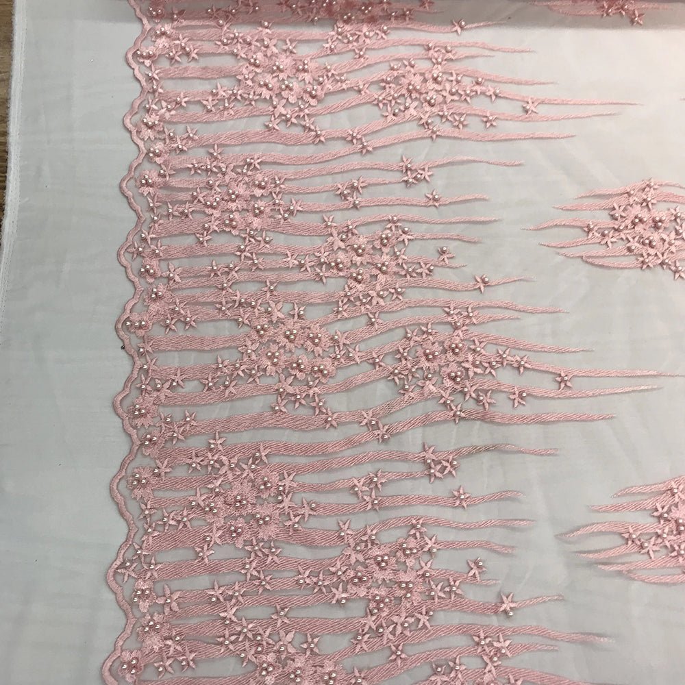 Beaded Embroidered Floral Mesh Dress Lace Fabric by YardICE FABRICSICE FABRICSRedBeaded Embroidered Floral Mesh Dress Lace Fabric by Yard ICE FABRICS Light Pink