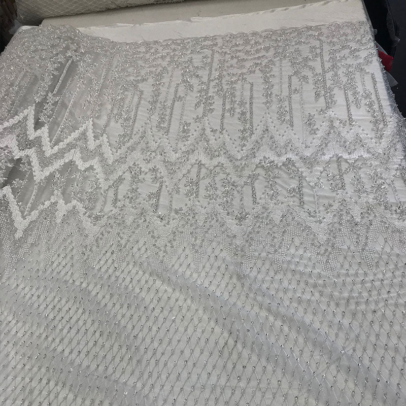 Beaded Embroidered Geometric Handmade Lace Fabric By The YardICE FABRICSICE FABRICSIvoryBeaded Embroidered Geometric Handmade Lace Fabric By The Yard ICE FABRICS Ivory