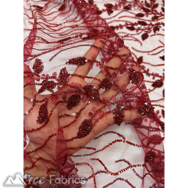 Beautiful Embroidery Floral Lace Sequin Beaded FabricICE FABRICSICE FABRICSBurgundyBy The Yard (58 inches Wide)Beautiful Embroidery Floral Lace Sequin Beaded Fabric ICE FABRICS Burgundy