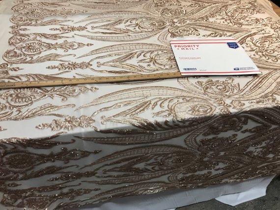 Beige Arabic Design Embroidered 4 Way Stretch Sequin Fabric Sold By The YardICE FABRICSICE FABRICSBy The Yard (58" Wide)Beige Arabic Design Embroidered 4 Way Stretch Sequin Fabric Sold By The Yard ICE FABRICS