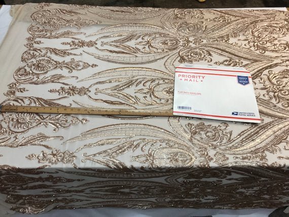 Beige Arabic Design Embroidered 4 Way Stretch Sequin Fabric Sold By The YardICE FABRICSICE FABRICSBy The Yard (58" Wide)Beige Arabic Design Embroidered 4 Way Stretch Sequin Fabric Sold By The Yard ICE FABRICS