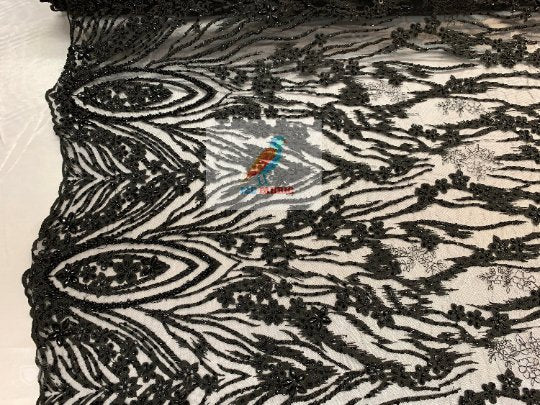 Black Eden Floral Embroidered Handmade Beaded FabricICEFABRICICE FABRICSBlackBy The YardBlack Eden Floral Embroidered Handmade Beaded Fabric ICEFABRIC