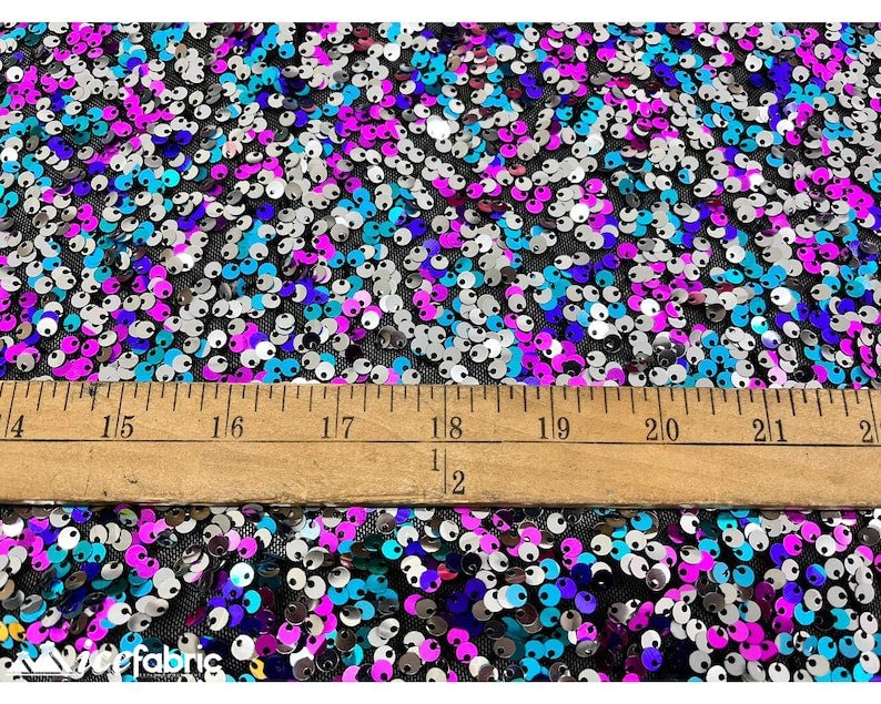 Blue Magenta and Silver 3 Tone 4 Way Stretch Sequin Fabric on Black Mesh LaceICE FABRICSICE FABRICSBy The Yard (58" Wide)Blue Magenta and Silver 3 Tone 4 Way Stretch Sequin Fabric on Black Mesh Lace ICE FABRICS