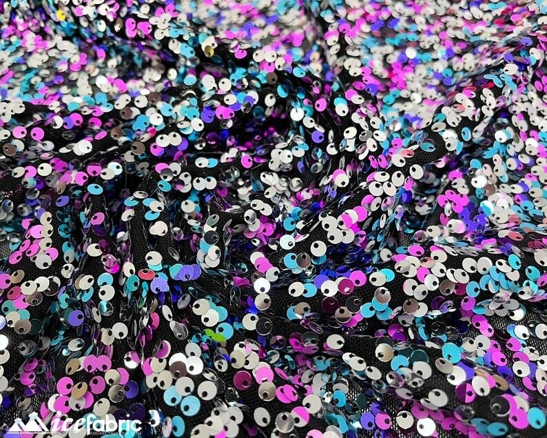 Blue Magenta and Silver 3 Tone 4 Way Stretch Sequin Fabric on Black Mesh LaceICE FABRICSICE FABRICSBy The Yard (58" Wide)Blue Magenta and Silver 3 Tone 4 Way Stretch Sequin Fabric on Black Mesh Lace ICE FABRICS