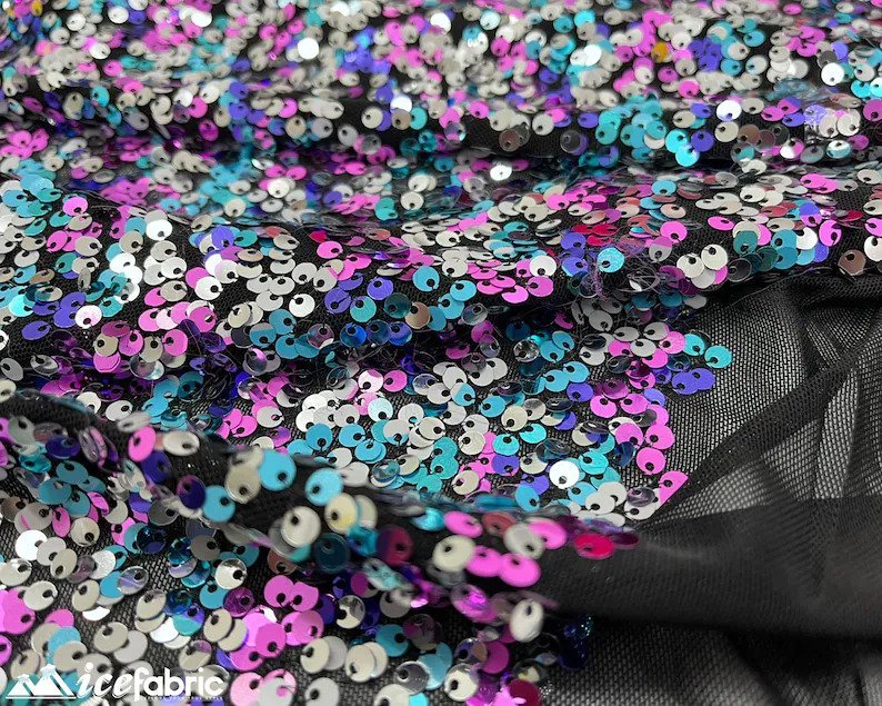 Blue Magenta and Silver 3 Tone 4 Way Stretch Sequin Fabric on Black Mesh LaceICE FABRICSICE FABRICSBy The Yard (58" Wide)Blue Magenta and Silver 3 Tone 4 Way Stretch Sequin Fabric on Black Mesh Lace ICE FABRICS