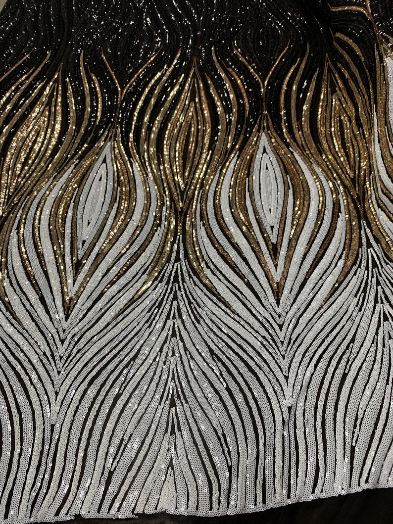 Bridal Black, Gold and White Embroider 4 Way Stretch Sequins Fabric By The YardICE FABRICSICE FABRICSBy The Yard (58" Wide)Bridal Black, Gold and White Embroider 4 Way Stretch Sequins Fabric By The Yard ICE FABRICS