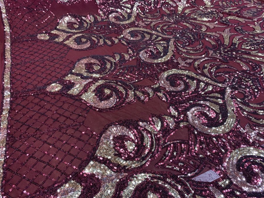 Bridal Burgundy and Gold Sequin Embroidery on Burgundy Stretch Mesh FabricICEFABRICICE FABRICSBy The Yard (58" Wide)Bridal Burgundy and Gold Sequin Embroidery on Burgundy Stretch Mesh Fabric ICEFABRIC