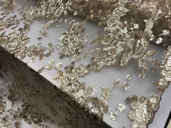 Bridal Design Transparent Prom Wedding Mesh Lace Embroidered FabricICE FABRICSICE FABRICSGoldBridal Design Transparent Prom Wedding Mesh Lace Embroidered Fabric ICE FABRICS Gold