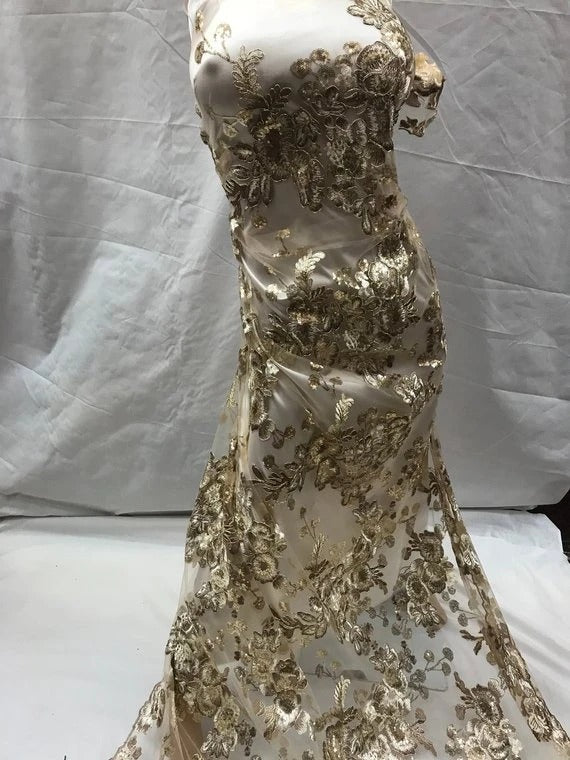 Bridal Design Transparent Prom Wedding Mesh Lace Embroidered FabricICE FABRICSICE FABRICSGoldBridal Design Transparent Prom Wedding Mesh Lace Embroidered Fabric ICE FABRICS Gold