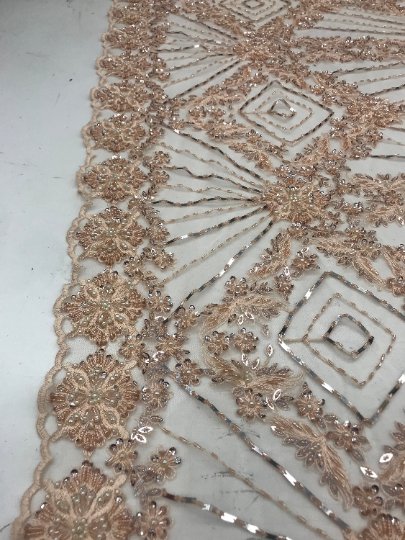 Bridal Lace Hand Beading Mesh Lace With Sequins FabricICEFABRICICE FABRICSPeachBridal Lace Hand Beading Mesh Lace With Sequins Fabric ICEFABRIC Peach