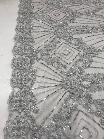 Bridal Lace Hand Beading Mesh Lace With Sequins FabricICEFABRICICE FABRICSIvoryBridal Lace Hand Beading Mesh Lace With Sequins Fabric ICEFABRIC Ivory