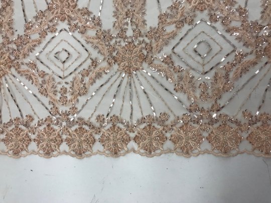 Bridal Lace Hand Beading Mesh Lace With Sequins FabricICEFABRICICE FABRICSPeachBridal Lace Hand Beading Mesh Lace With Sequins Fabric ICEFABRIC Peach