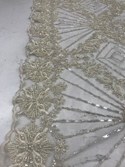 Bridal Lace Hand Beading Mesh Lace With Sequins FabricICEFABRICICE FABRICSIvoryBridal Lace Hand Beading Mesh Lace With Sequins Fabric ICEFABRIC Ivory