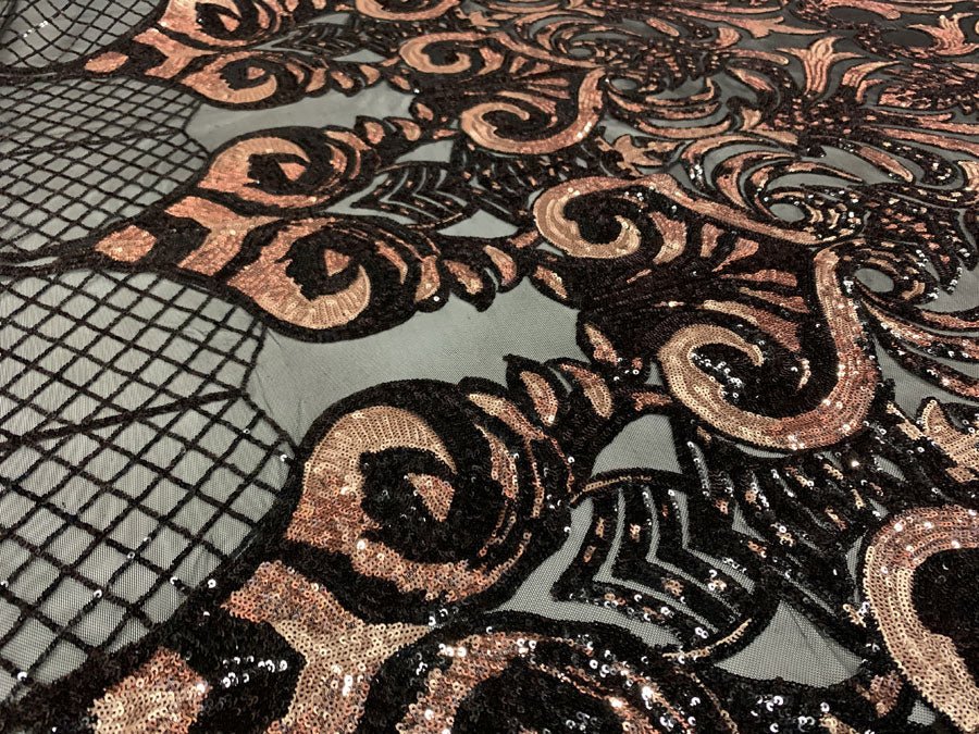 Rose Gold and Black Sequin Embroidery on Black Stretch Mesh Fabric