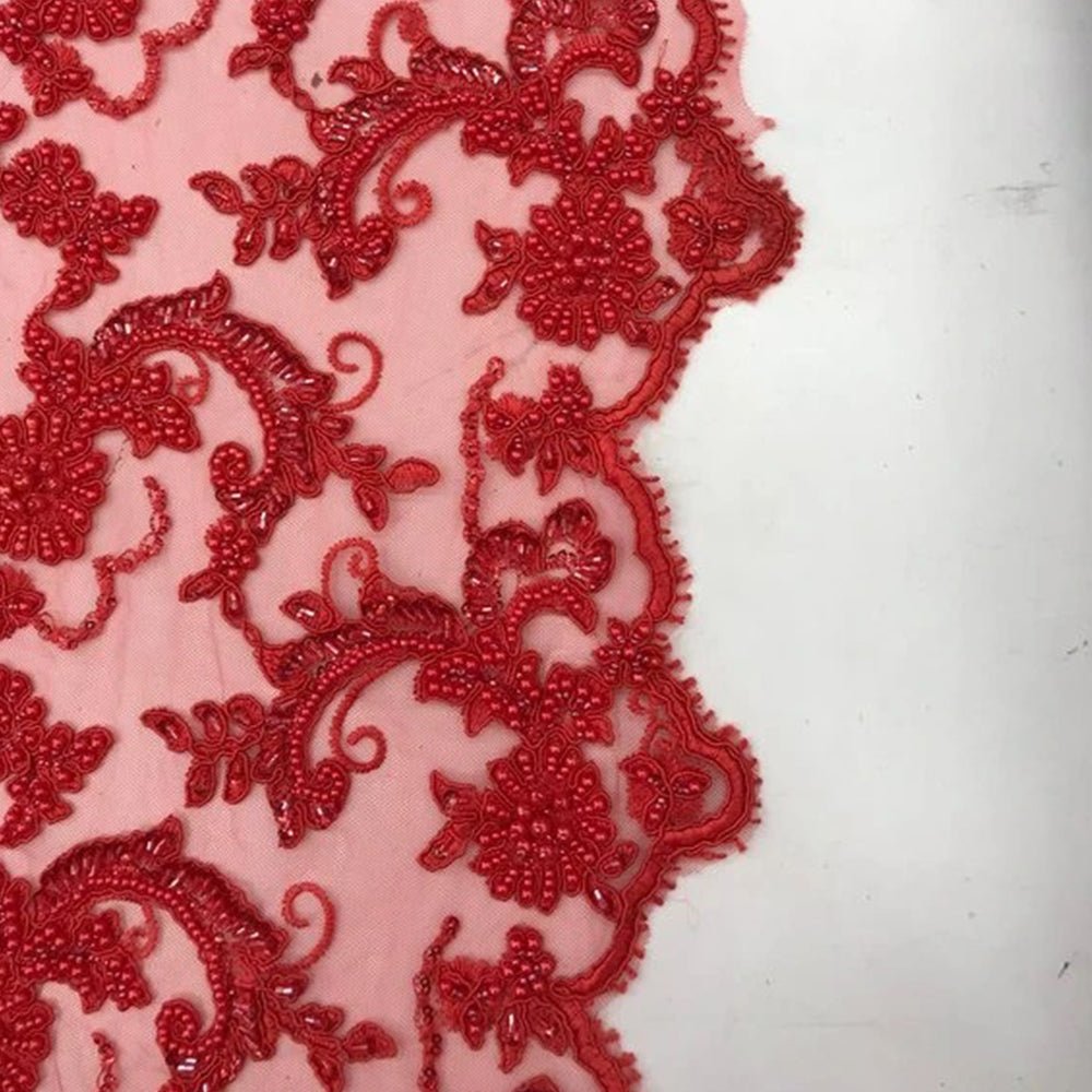 Bridal Wedding Dress Fabric - Beaded Mesh LaceICE FABRICSICE FABRICSRedBridal Wedding Dress Fabric - Beaded Mesh Lace ICE FABRICS Red