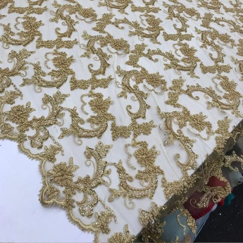 Bridal Wedding Dress Fabric - Beaded Mesh LaceICE FABRICSICE FABRICSGoldBridal Wedding Dress Fabric - Beaded Mesh Lace ICE FABRICS Gold