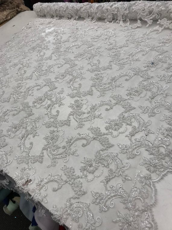 Bridal Wedding Dress Fabric - Beaded Mesh LaceICE FABRICSICE FABRICSIvoryBridal Wedding Dress Fabric - Beaded Mesh Lace ICE FABRICS Ivory