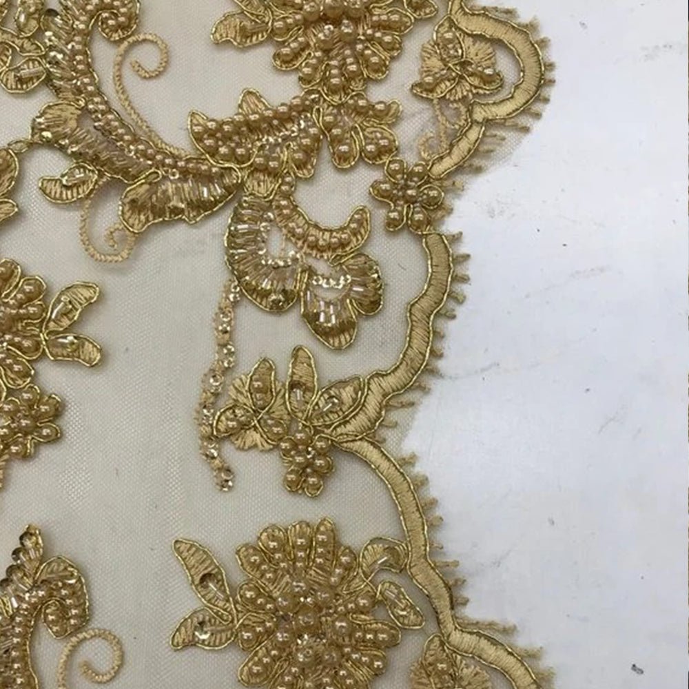 Bridal Wedding Dress Fabric - Beaded Mesh LaceICE FABRICSICE FABRICSRustBridal Wedding Dress Fabric - Beaded Mesh Lace ICE FABRICS Gold