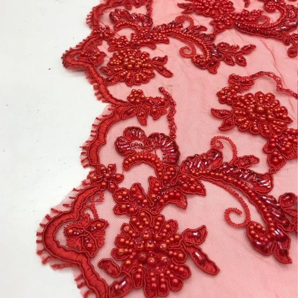 Bridal Wedding Dress Fabric - Beaded Mesh LaceICE FABRICSICE FABRICSIvoryBridal Wedding Dress Fabric - Beaded Mesh Lace ICE FABRICS Red