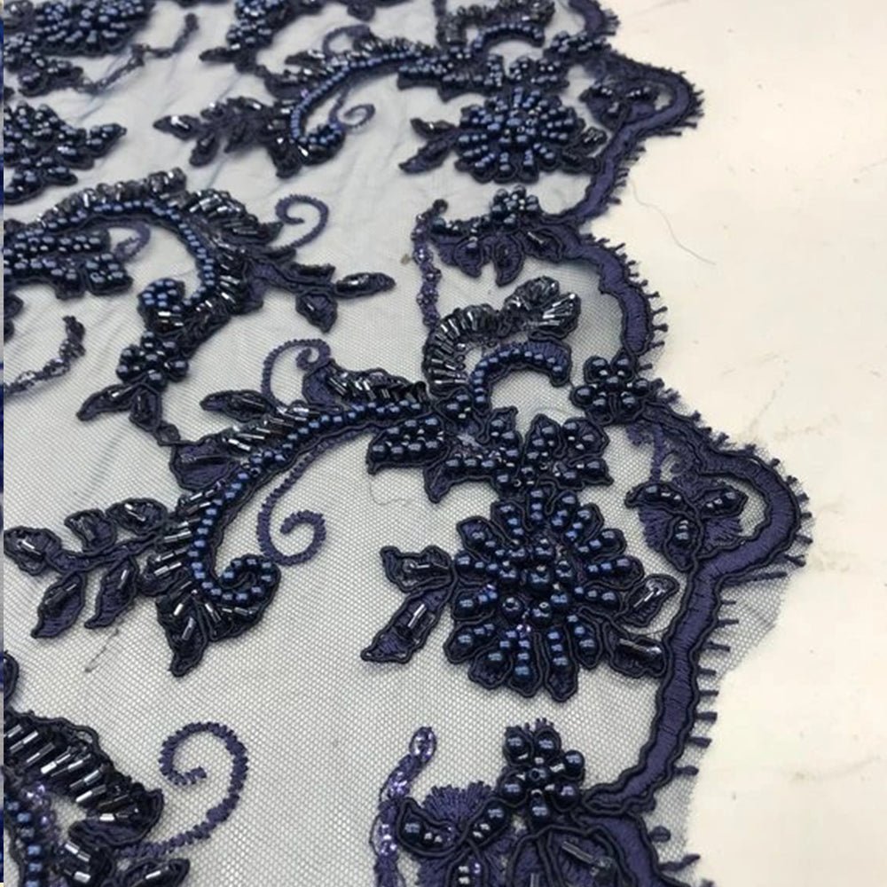 Bridal Wedding Dress Fabric - Beaded Mesh LaceICE FABRICSICE FABRICSRoyal blueBridal Wedding Dress Fabric - Beaded Mesh Lace ICE FABRICS Navy