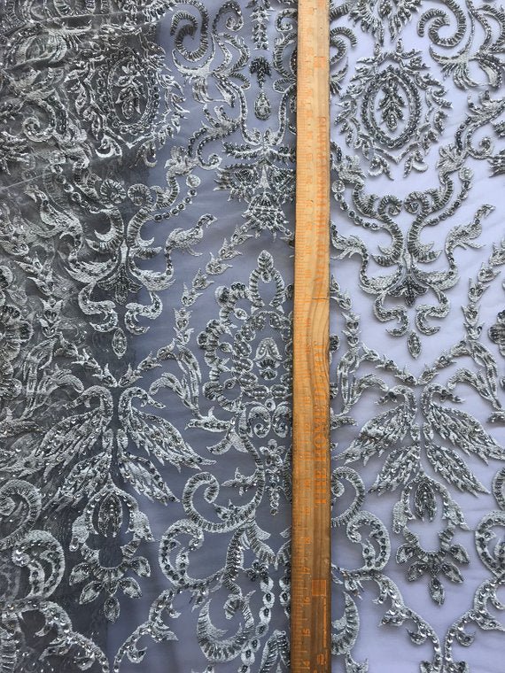 Bridal Wedding Silver Design Beaded Mesh Lace Fabric Sold By YardICE FABRICSICE FABRICSBridal Wedding Silver Design Beaded Mesh Lace Fabric Sold By Yard ICE FABRICS