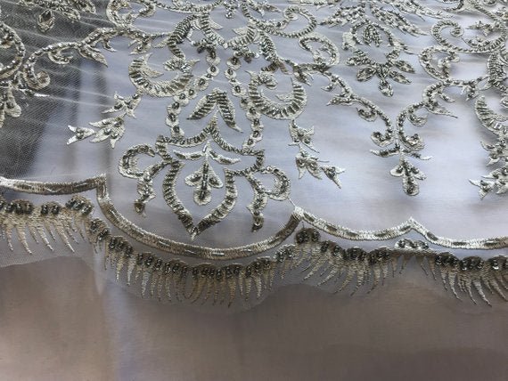 Bridal Wedding Silver Design Beaded Mesh Lace Fabric Sold By YardICE FABRICSICE FABRICSBridal Wedding Silver Design Beaded Mesh Lace Fabric Sold By Yard ICE FABRICS
