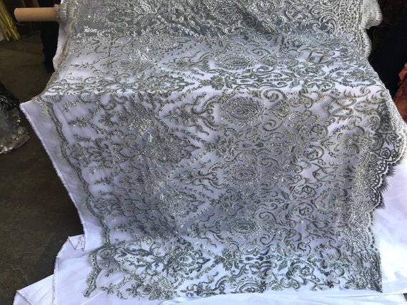 Bridal Wedding Silver Design Beaded Mesh Lace Fabric Sold By YardICE FABRICSICE FABRICSBridal Wedding Silver Design Beaded Mesh Lace Fabric Sold By Yard ICE FABRICS