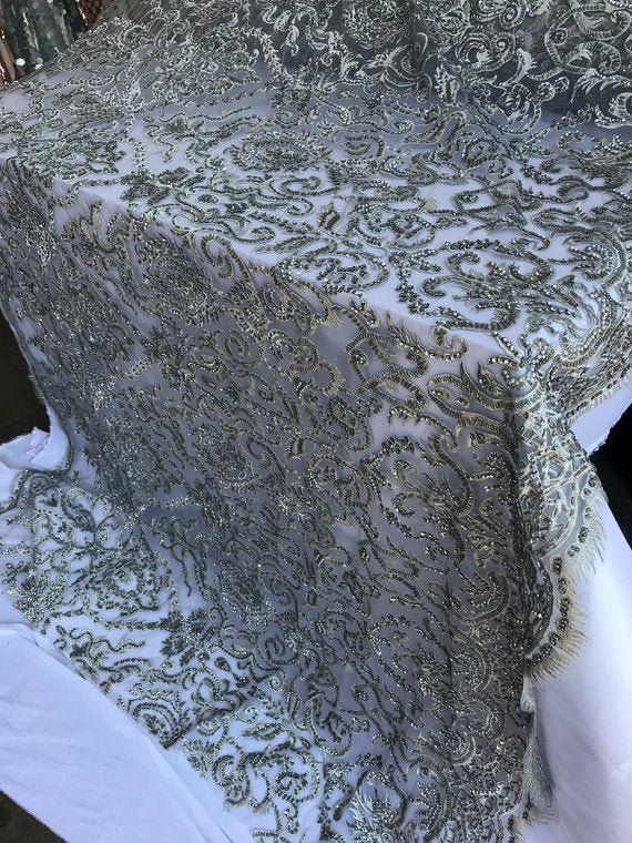 Bridal Wedding Silver Design Beaded Mesh Lace Fabric Sold By YardICE FABRICSICE FABRICSBridal Wedding Silver Design Beaded Mesh Lace Fabric Sold By Yard ICE FABRICS