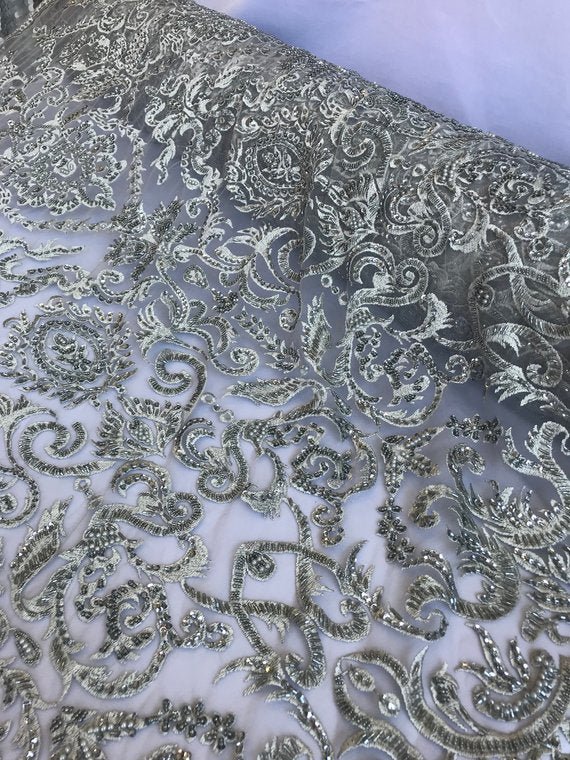 Bridal Wedding Silver Design Beaded Mesh Lace Fabric Sold By YardICE FABRICSICE FABRICSBridal Wedding Silver Design Beaded Mesh Lace Fabric Sold By Yard ICE FABRICS
