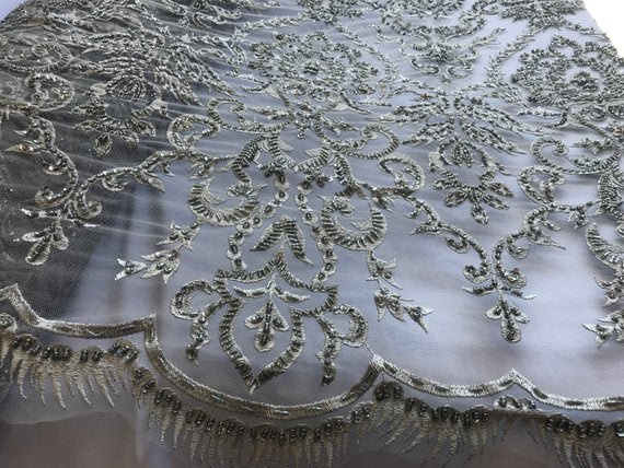 Bridal Wedding Silver Design Beaded Mesh Lace Fabric Sold By YardICE FABRICSICE FABRICSBridal Wedding Silver Design Beaded Mesh Lace Fabric Sold By Yard ICE FABRICS