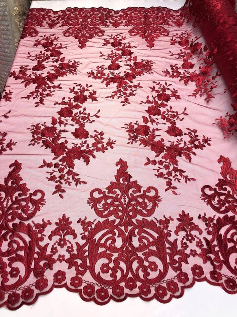 Burgundy Floral Flower Mesh Lace Embroidery Design Fabric By The Yard For  Tablecloths, Wedding Prom Dresses, Night gowns, Skirts, Runners