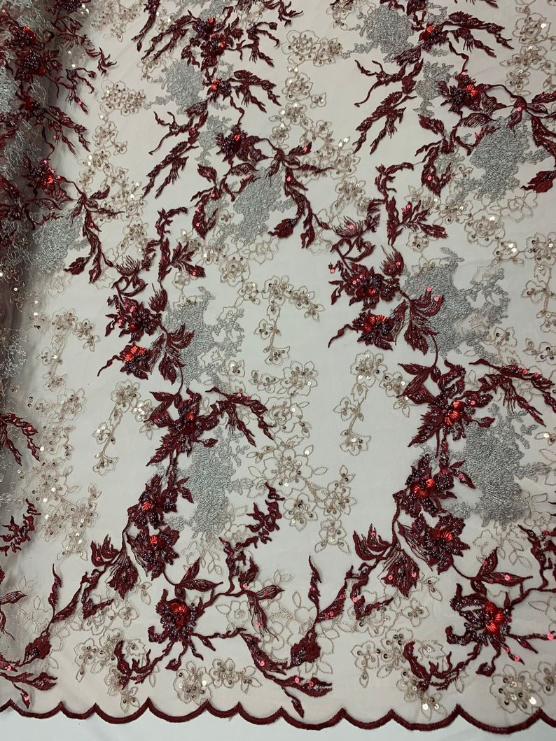 Burgundy Ivory and Silver Sequin Floral Bridal Fabric/ Beaded Fabric/ 3D Lace FabricICE FABRICSICE FABRICSBurgundy Ivory and Silver Sequin Floral Bridal Fabric/ Beaded Fabric/ 3D Lace Fabric ICE FABRICS