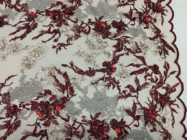 Burgundy Ivory and Silver Sequin Floral Bridal Fabric/ Beaded Fabric/ 3D Lace FabricICE FABRICSICE FABRICSBurgundy Ivory and Silver Sequin Floral Bridal Fabric/ Beaded Fabric/ 3D Lace Fabric ICE FABRICS