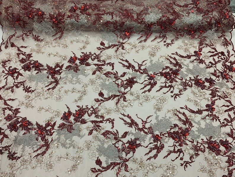 Burgundy Ivory and Silver Sequin Floral Bridal Fabric/ Beaded Fabric/ 3D Lace FabricICE FABRICSICE FABRICSBurgundy Ivory and Silver Sequin Floral Bridal Fabric/ Beaded Fabric/ 3D Lace Fabric ICE FABRICS
