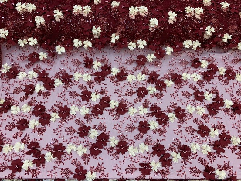 Burgundy Ivory Pearls Lace Beaded Fabric on Tulle for Bridal FabricICE FABRICSICE FABRICSBy The YardBurgundy Ivory Pearls Lace Beaded Fabric on Tulle for Bridal Fabric ICE FABRICS