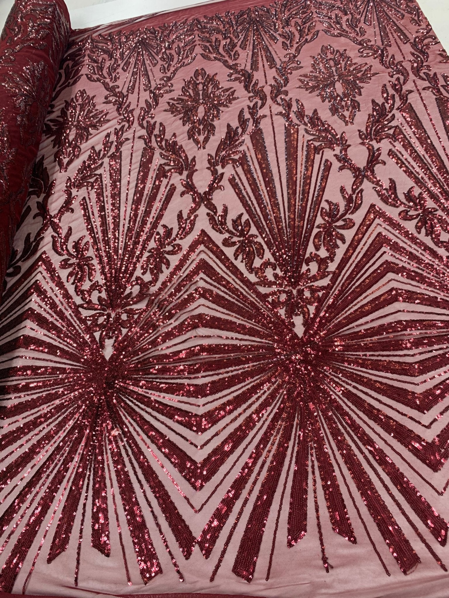 Burgundy Luxury Stretch Sequin Bridal Embroidery on Burgundy Mesh Lace FabricICEFABRICICE FABRICSBy The Yard (58" Wide)Burgundy Luxury Stretch Sequin Bridal Embroidery on Burgundy Mesh Lace Fabric ICEFABRIC