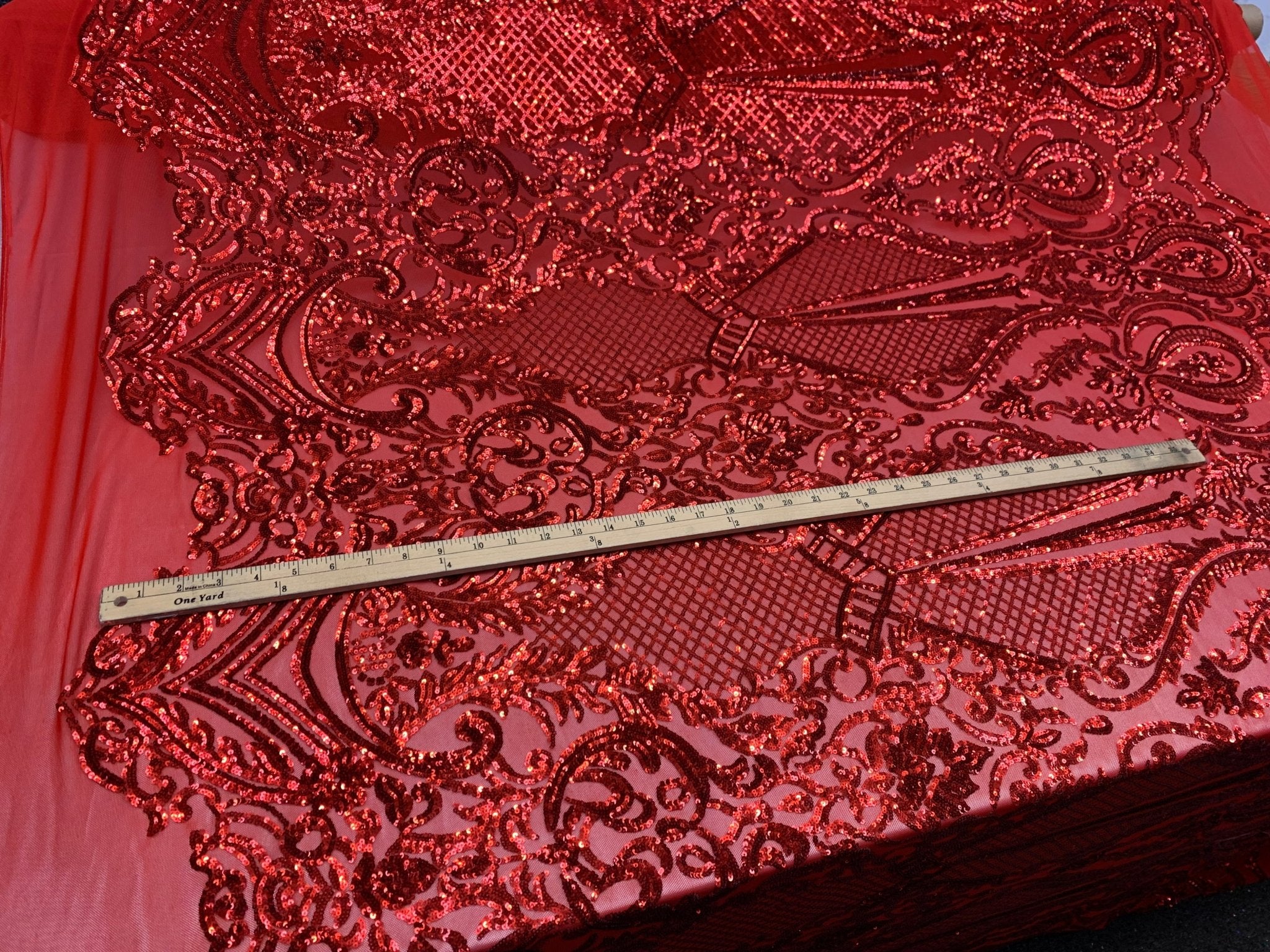 BY THE YARD/ Geometric Design Mesh Lace Fabric Sequins 4 Way Stretch On A Red Mesh/Lace Embroider (Red) Prom/Gowns Dress/Veil/ TableclothsICE FABRICSICE FABRICSBY THE YARD/ Geometric Design Mesh Lace Fabric Sequins 4 Way Stretch On A Red Mesh/Lace Embroider (Red) Prom/Gowns Dress/Veil/ Tablecloths ICE FABRICS