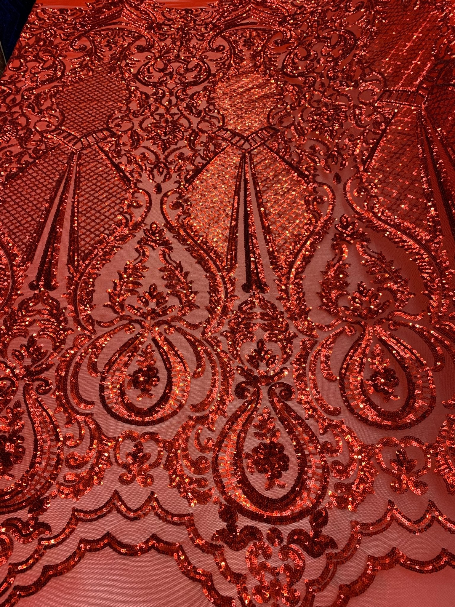 BY THE YARD/ Geometric Design Mesh Lace Fabric Sequins 4 Way Stretch On A Red Mesh/Lace Embroider (Red) Prom/Gowns Dress/Veil/ TableclothsICE FABRICSICE FABRICSBY THE YARD/ Geometric Design Mesh Lace Fabric Sequins 4 Way Stretch On A Red Mesh/Lace Embroider (Red) Prom/Gowns Dress/Veil/ Tablecloths ICE FABRICS