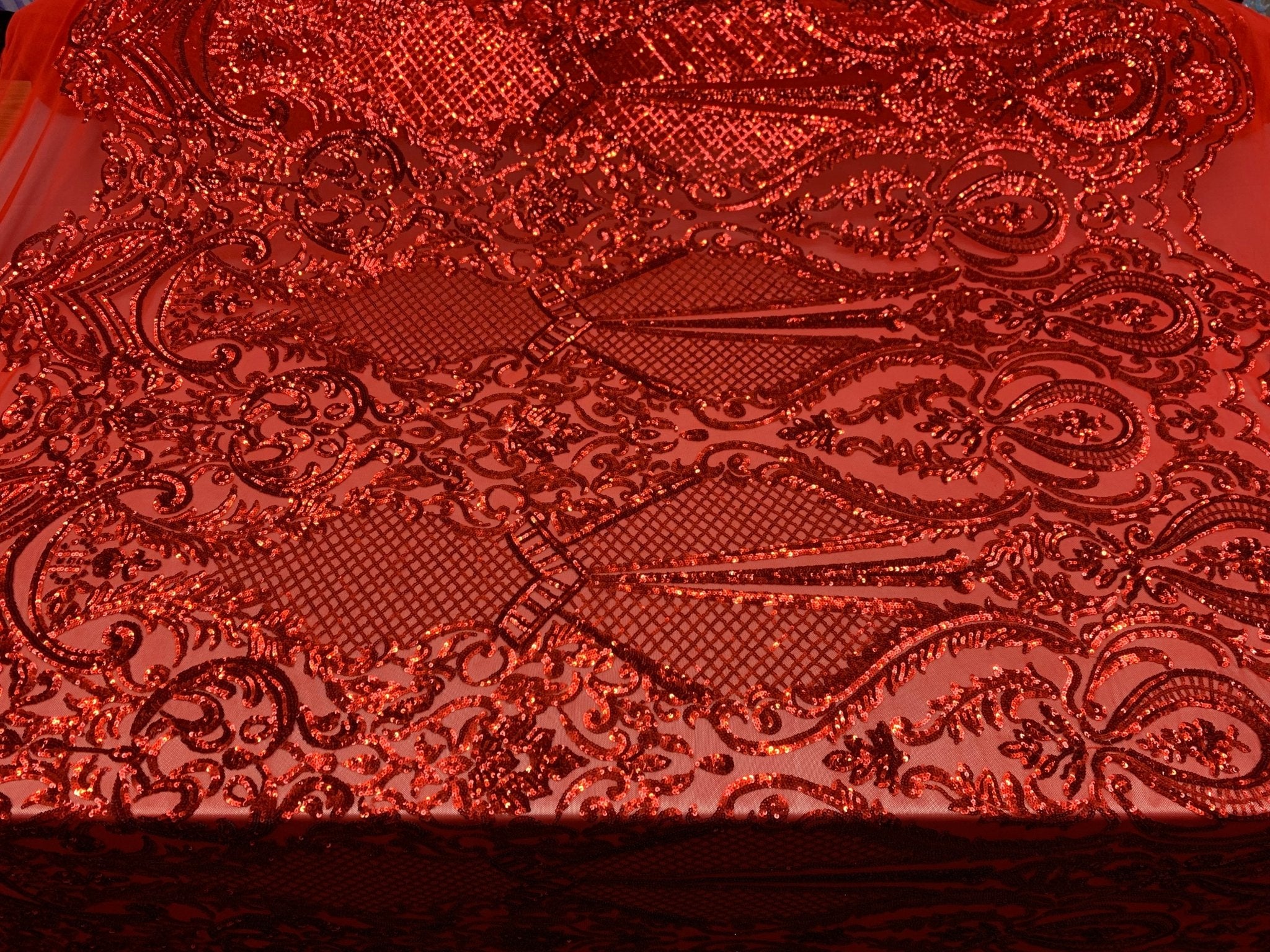 BY THE YARD/ Geometric Design Mesh Lace Fabric Sequins 4 Way Stretch On A Red Mesh/Lace Embroider (Red) Prom/Gowns Dress/Veil/ TableclothsICE FABRICSICE FABRICSBY THE YARD/ Geometric Design Mesh Lace Fabric Sequins 4 Way Stretch On A Red Mesh/Lace Embroider (Red) Prom/Gowns Dress/Veil/ Tablecloths ICE FABRICS