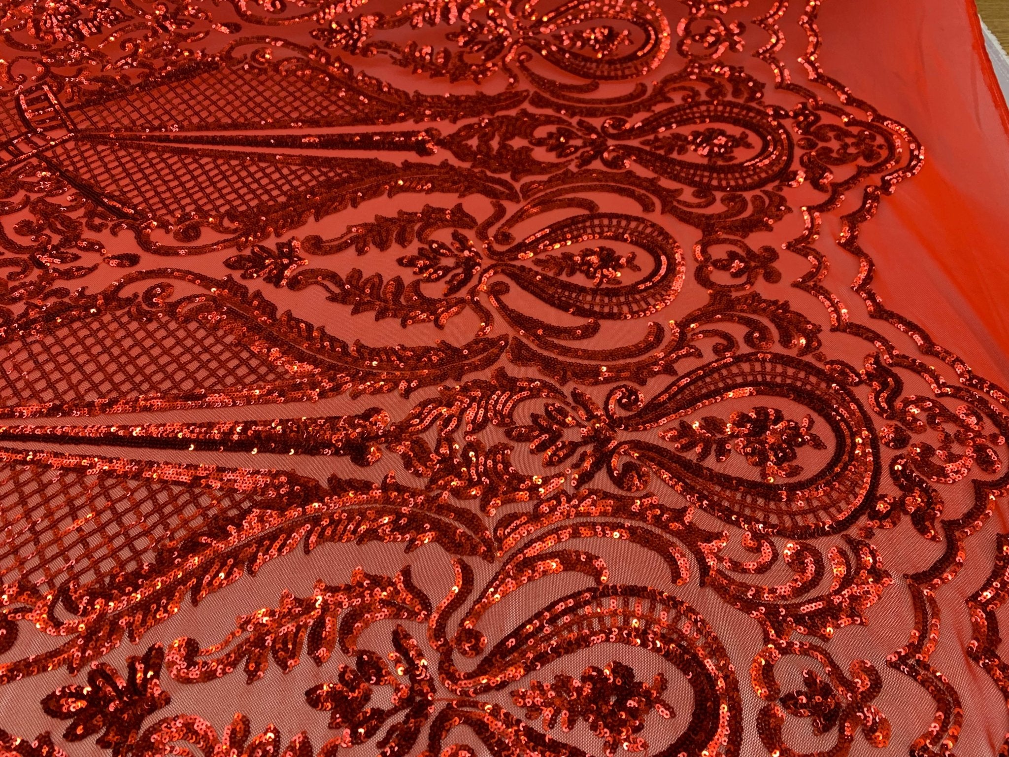BY THE YARD/ Geometric Design Mesh Lace Fabric Sequins 4 Way Stretch On A Red Mesh/Lace Embroider (Red) Prom/Gowns Dress/Veil/ TableclothsICE FABRICSICE FABRICSBY THE YARD/ Geometric Design Mesh Lace Fabric Sequins 4 Way Stretch On A Red Mesh/Lace Embroider (Red) Prom/Gowns Dress/Veil/ Tablecloths ICE FABRICS