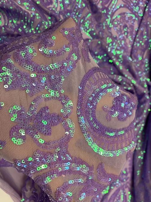 BY THE YARD/ Geometric Design Mesh Lace Fabric Sequins 4 Way Stretch On A White Mesh/Handmade Lace Embroider Prom/Gowns/Wedding DressICE FABRICSICE FABRICSPurple &GreenBY THE YARD/ Geometric Design Mesh Lace Fabric Sequins 4 Way Stretch On A White Mesh/Handmade Lace Embroider Prom/Gowns/Wedding Dress ICE FABRICS Purple &Green