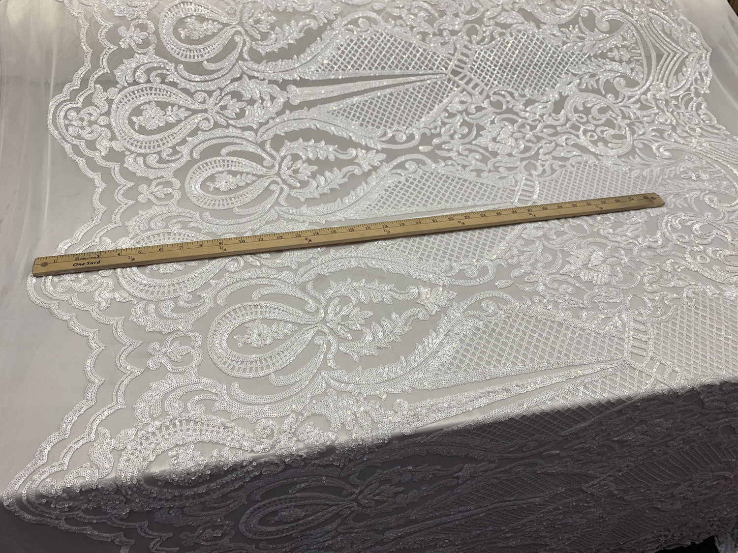 BY THE YARD/ Geometric Design Mesh Lace Fabric Sequins 4 Way Stretch On A White Mesh/Handmade Lace Embroider Prom/Gowns/Wedding DressICE FABRICSICE FABRICSGreenBY THE YARD/ Geometric Design Mesh Lace Fabric Sequins 4 Way Stretch On A White Mesh/Handmade Lace Embroider Prom/Gowns/Wedding Dress ICE FABRICS White
