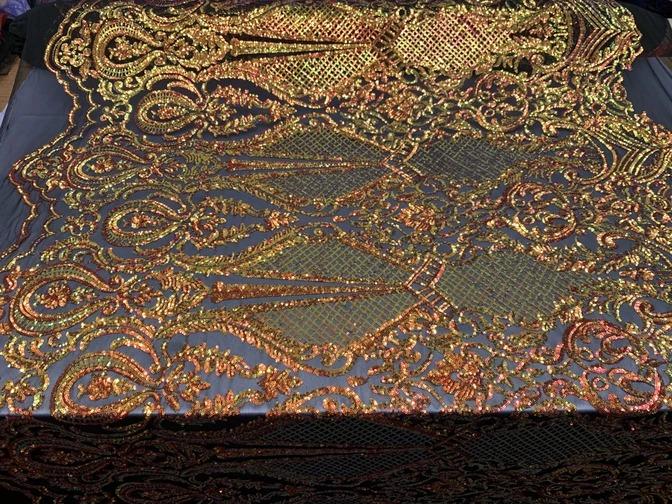 BY THE YARD/ Geometric Design Mesh Lace Fabric Sequins 4 Way Stretch On A White Mesh/Handmade Lace Embroider Prom/Gowns/Wedding DressICE FABRICSICE FABRICSOrangeBY THE YARD/ Geometric Design Mesh Lace Fabric Sequins 4 Way Stretch On A White Mesh/Handmade Lace Embroider Prom/Gowns/Wedding Dress ICE FABRICS Orange