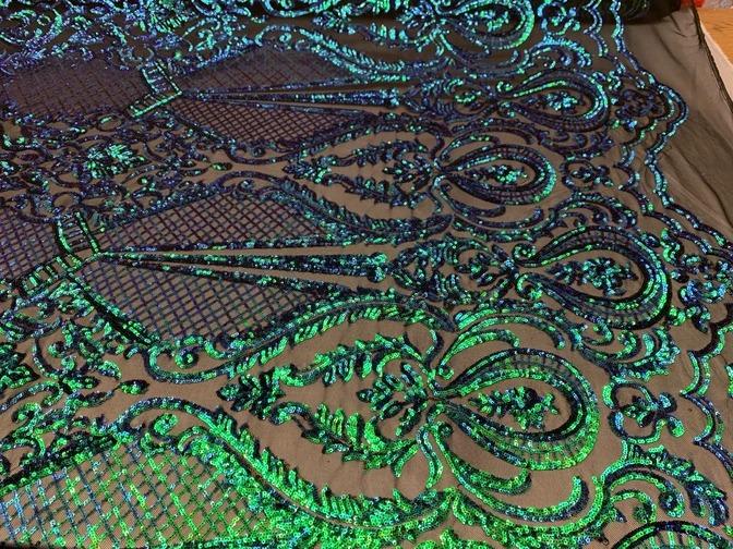 BY THE YARD/ Geometric Design Mesh Lace Fabric Sequins 4 Way Stretch On A White Mesh/Handmade Lace Embroider Prom/Gowns/Wedding DressICE FABRICSICE FABRICSGreenBY THE YARD/ Geometric Design Mesh Lace Fabric Sequins 4 Way Stretch On A White Mesh/Handmade Lace Embroider Prom/Gowns/Wedding Dress ICE FABRICS Green