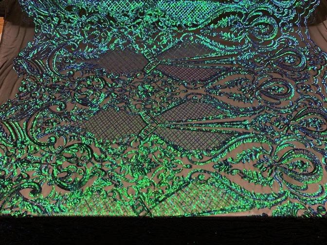 BY THE YARD/ Geometric Design Mesh Lace Fabric Sequins 4 Way Stretch On A White Mesh/Handmade Lace Embroider Prom/Gowns/Wedding DressICE FABRICSICE FABRICSGreenBY THE YARD/ Geometric Design Mesh Lace Fabric Sequins 4 Way Stretch On A White Mesh/Handmade Lace Embroider Prom/Gowns/Wedding Dress ICE FABRICS Green