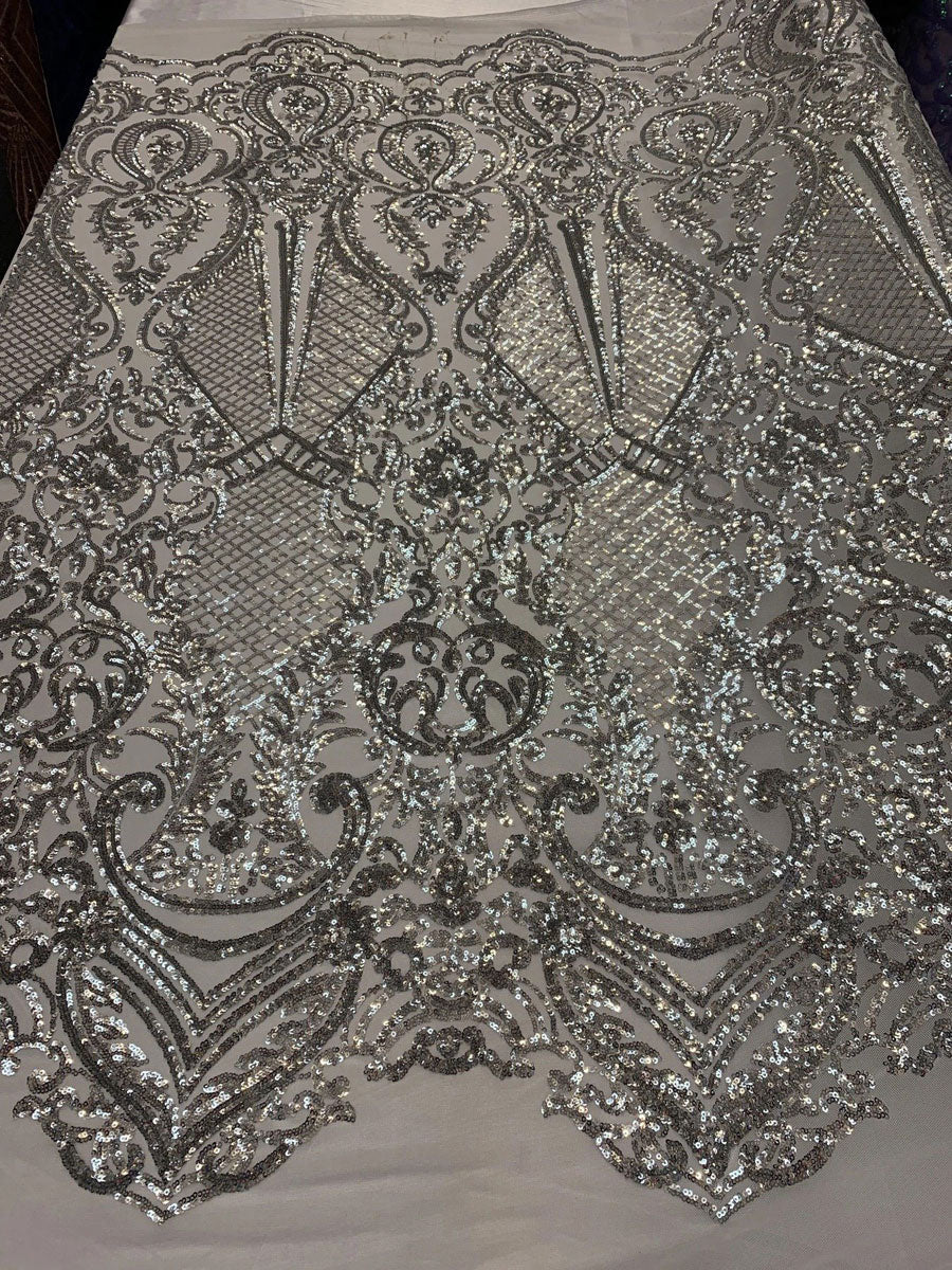 BY THE YARD/ Geometric Design Mesh Lace Fabric Sequins 4 Way Stretch On A White Mesh/Handmade Lace Embroider Prom/Gowns/Wedding DressICE FABRICSICE FABRICSSilverBY THE YARD/ Geometric Design Mesh Lace Fabric Sequins 4 Way Stretch On A White Mesh/Handmade Lace Embroider Prom/Gowns/Wedding Dress ICE FABRICS Silver