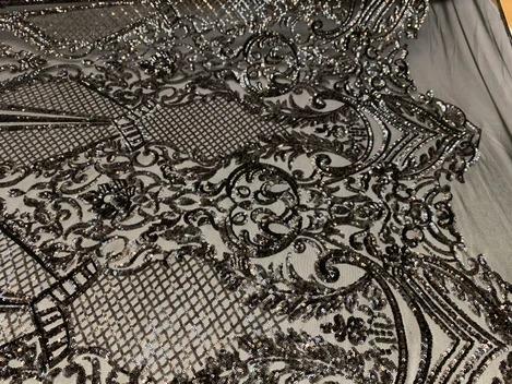 BY THE YARD/ Geometric Design Mesh Lace Fabric Sequins 4 Way Stretch On A White Mesh/Handmade Lace Embroider Prom/Gowns/Wedding DressICE FABRICSICE FABRICSBlackBY THE YARD/ Geometric Design Mesh Lace Fabric Sequins 4 Way Stretch On A White Mesh/Handmade Lace Embroider Prom/Gowns/Wedding Dress ICE FABRICS Black