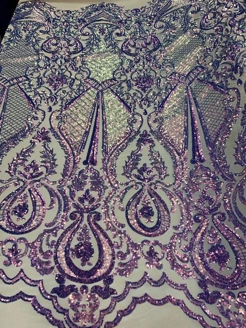 BY THE YARD/ Geometric Design Mesh Lace Fabric Sequins 4 Way Stretch On A White Mesh/Handmade Lace Embroider Prom/Gowns/Wedding DressICE FABRICSICE FABRICSPurple & LilacBY THE YARD/ Geometric Design Mesh Lace Fabric Sequins 4 Way Stretch On A White Mesh/Handmade Lace Embroider Prom/Gowns/Wedding Dress ICE FABRICS Purple & Lilac
