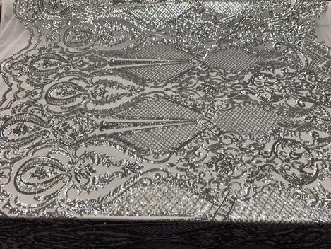 BY THE YARD/ Geometric Design Mesh Lace Fabric Sequins 4 Way Stretch On A White Mesh/Handmade Lace Embroider Prom/Gowns/Wedding DressICE FABRICSICE FABRICSSilverBY THE YARD/ Geometric Design Mesh Lace Fabric Sequins 4 Way Stretch On A White Mesh/Handmade Lace Embroider Prom/Gowns/Wedding Dress ICE FABRICS Silver